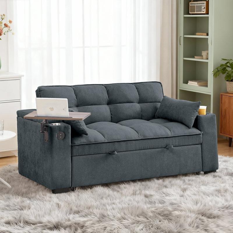 Koyu Gri Şönil Kumaş Yataklı ve USB Portlu Koltuk Saklama Alanlı Kolçak ve Dönebilen Yan Sehpalı - 166 cm - 196911