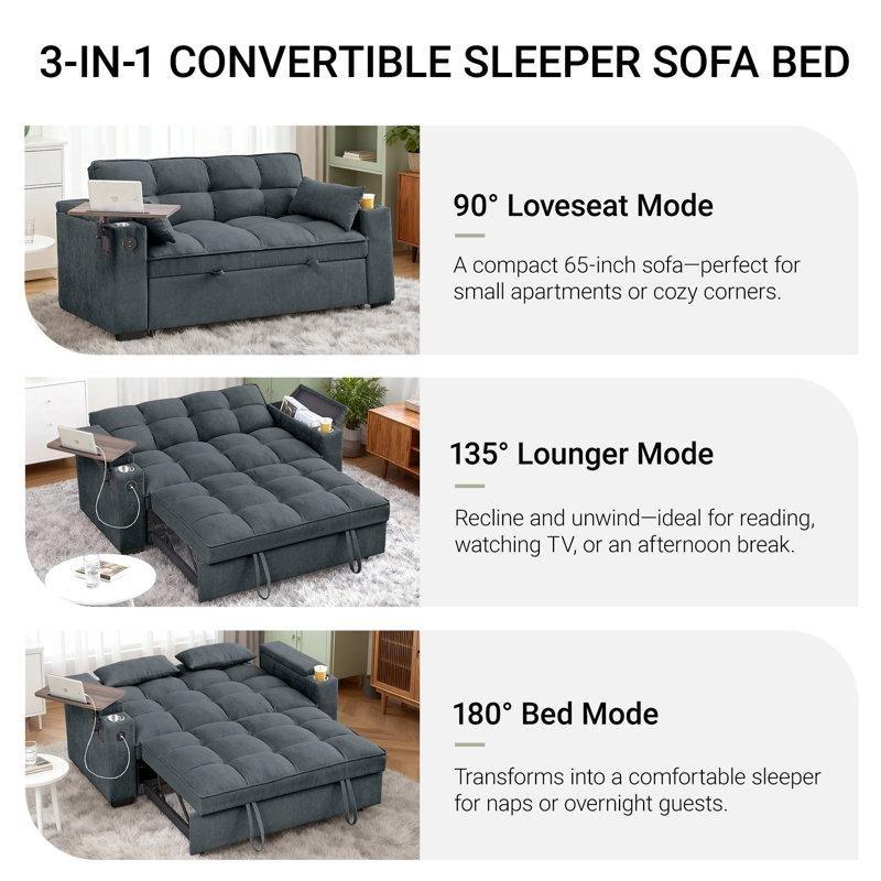 Koyu Gri Şönil Kumaş Yataklı ve USB Portlu Koltuk Saklama Alanlı Kolçak ve Dönebilen Yan Sehpalı - 166 cm - 196911