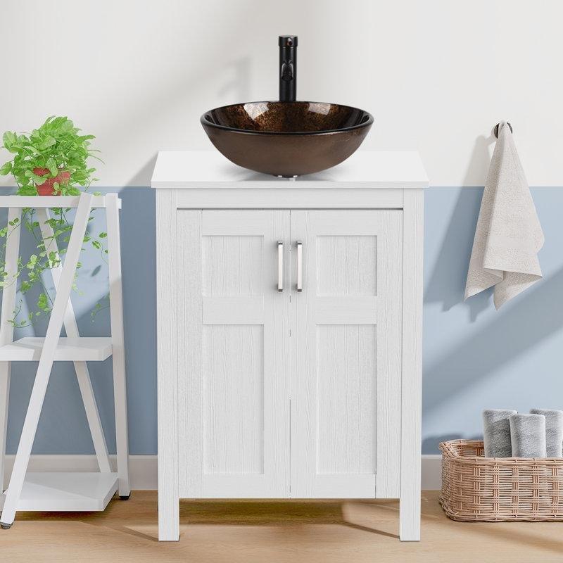 Koyu Kahve Ahşap Cam Çanak Lavabolu Çift Kapaklı Banyo Lavabo Dolabı - 61 cm - 201032