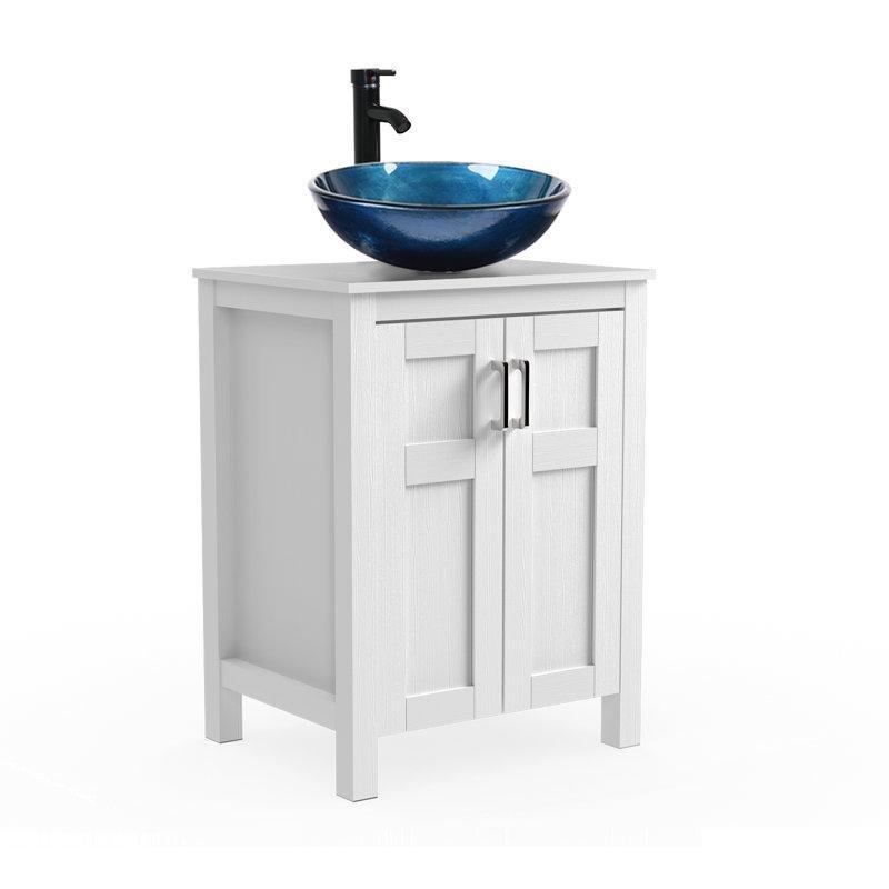 Koyu Kahve Ahşap Cam Çanak Lavabolu Çift Kapaklı Banyo Lavabo Dolabı - 61 cm - 201032