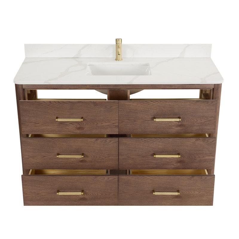 Koyu Kahve Meşe Kuvars Tezgahlı Masif Ahşap 6 Çekmeceli Ayaklı Banyo Lavabo Dolabı - 140 cm - 200959