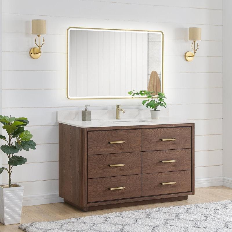 Koyu Kahve Meşe Kuvars Tezgahlı Masif Ahşap 6 Çekmeceli Ayaklı Banyo Lavabo Dolabı - 140 cm - 200959