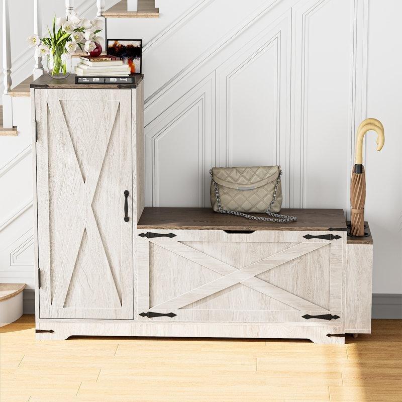 Koyu Kahve ve Beyaz Endüstriyel Ahşap Puflu L Şekilli Şemsiyelikli Ayakkabılık - 132 cm - 227520