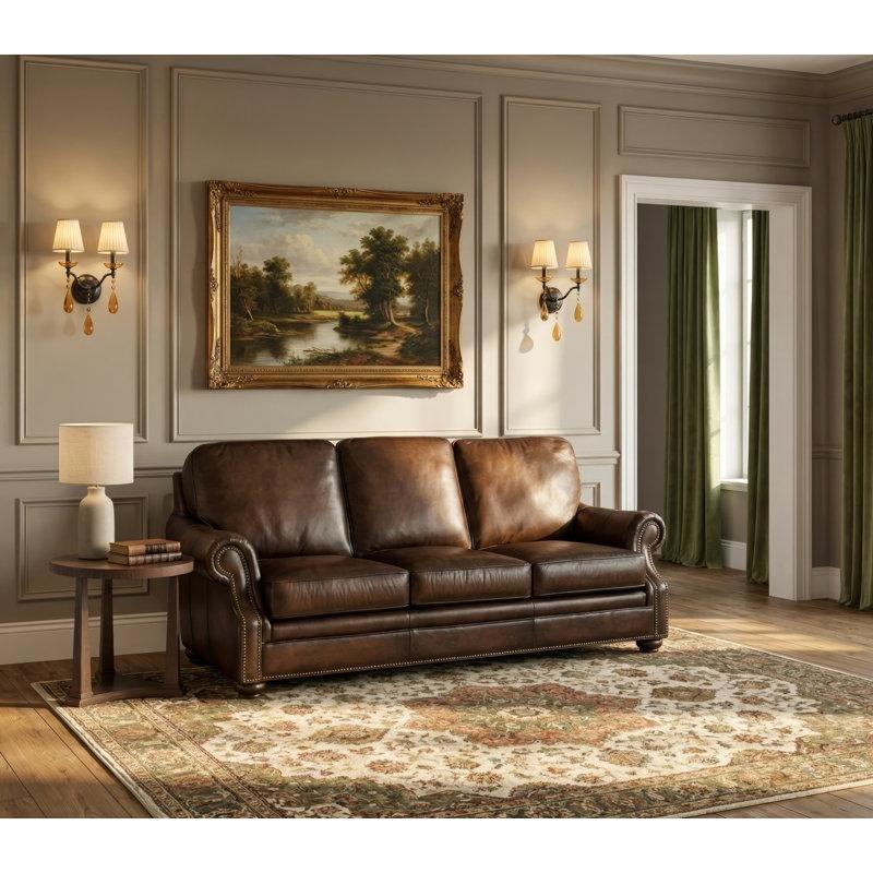 Koyu Kahverengi Hakiki Deri Zımba Detaylı Ahşap Ayaklı Koltuk - 211 cm - 196709