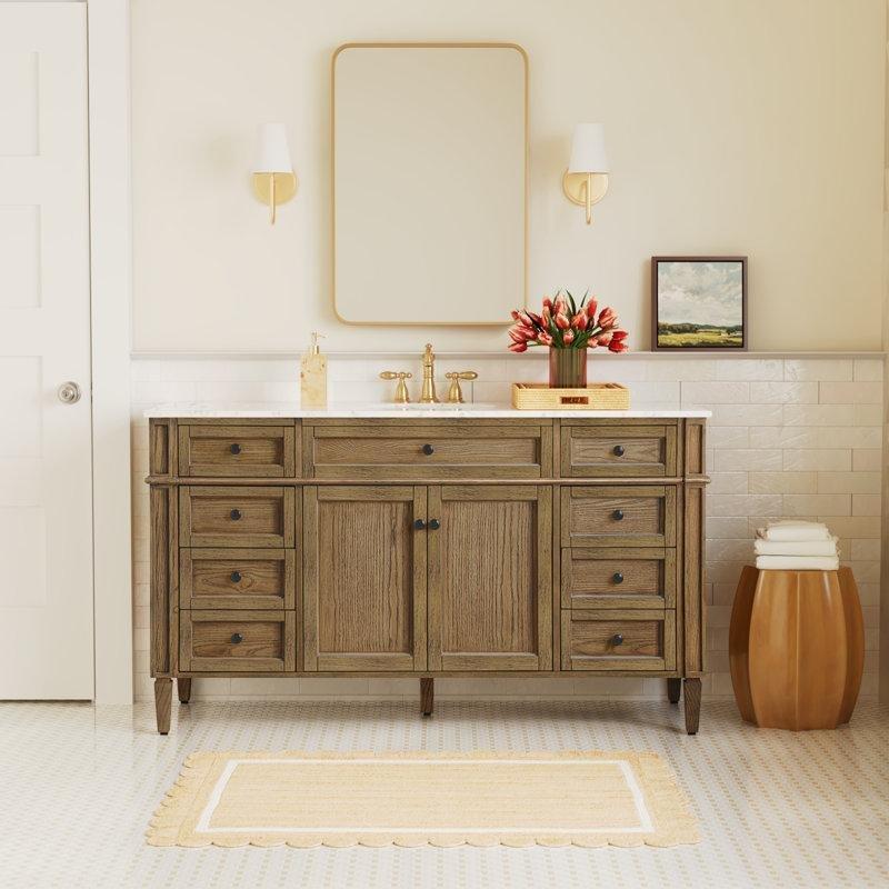 Koyu Kahverengi Masif Ahşap Mermer Tezgahlı Yavaş Kapanır Çekmeceli Banyo Lavabo Dolabı - 153 cm - 198995