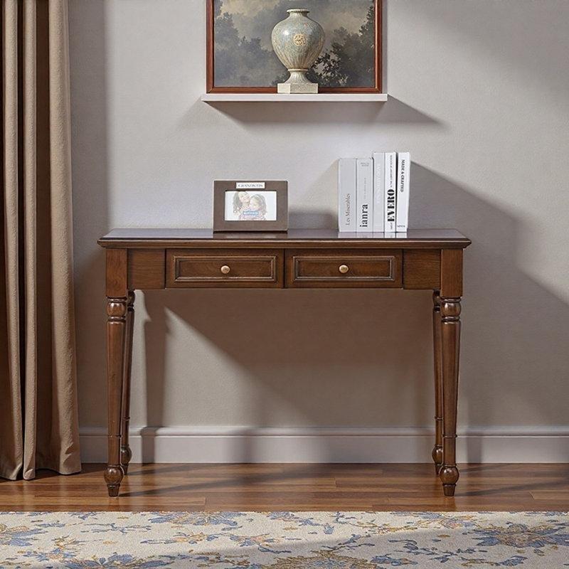 Koyu Kahverengi Masif Kauçuk Ağacı 2 Çekmeceli Gold Kulplu Vintage Çalışma Masası - 100x35 cm - 234081