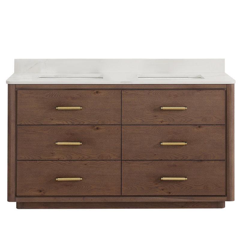 Koyu Kahverengi Masif Kavak Ağacı Kuvars Tezgahlı Çift Lavabolu Banyo Dolabı - 153 cm - 200485