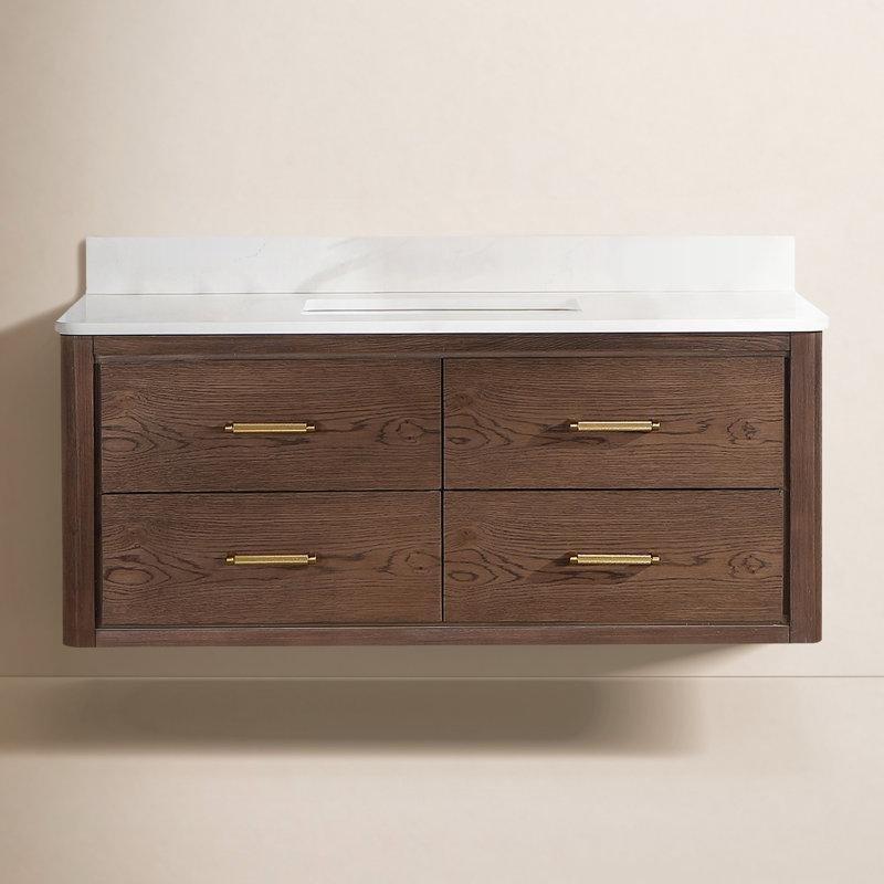 Koyu Kahverengi Masif Kavak Ağacı Kuvars Tezgahlı Gold Kulplu Duvara Monte Banyo Lavabo Dolabı - 122 cm - 198865