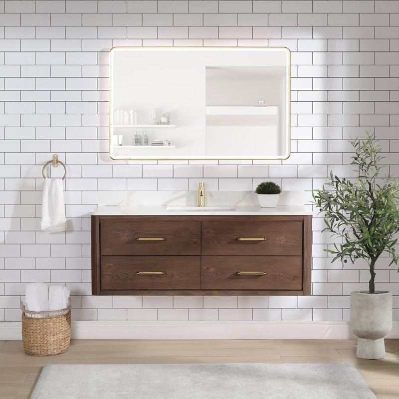 Koyu Kahverengi Masif Meşe Kuvars Tezgahlı Duvara Monte Banyo Lavabo Dolabı - 140 cm - 199105