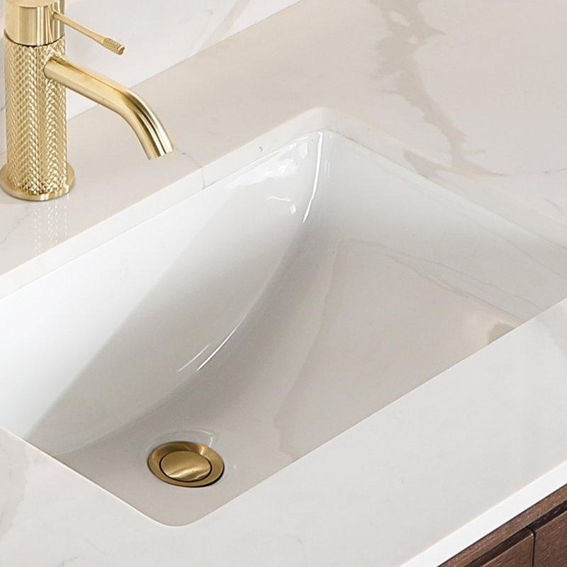 Koyu Kahverengi Masif Meşe Kuvars Tezgahlı Duvara Monte Banyo Lavabo Dolabı - 140 cm - 199105