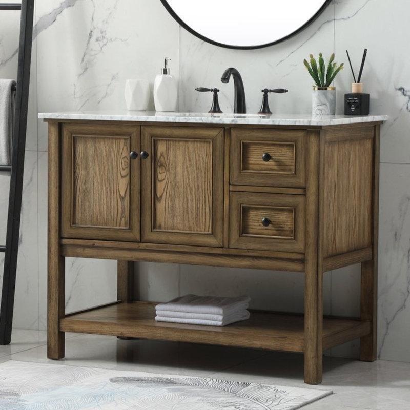 Koyu Kahverengi Mermer Tezgahlı Masif Kavak Ağacı Ayaklı Çekmeceli Banyo Lavabo Dolabı - 107 cm - 201425