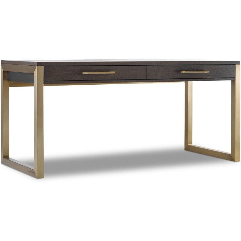 Koyu Kahverengi Meşe Kaplama Gold Pirinç Ayaklı Klavyelikli Çekmeceli Vintage Çalışma Masası - 173x67 cm - 234367