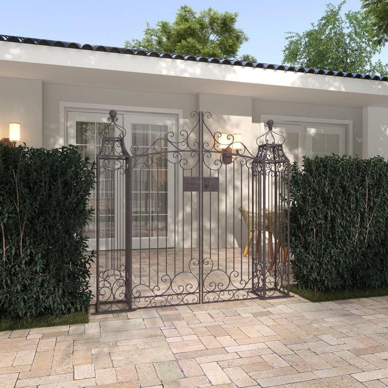 Koyu Kahverengi Metal Ferforje Tasarımlı Kemerli Mandallı Bahçe Kapısı - 163x153 cm - 172628