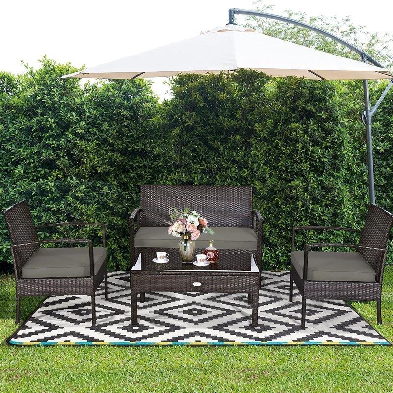 Koyu Kahverengi Metal ve Rattan Minderli 4 Kişilik Bahçe Takımı - 209273