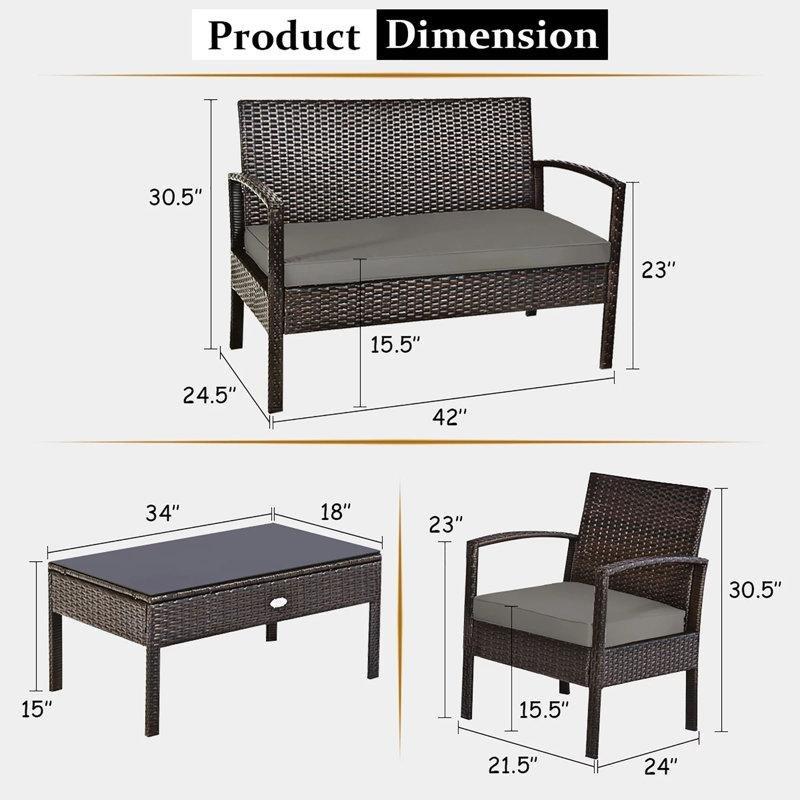 Koyu Kahverengi Metal ve Rattan Minderli 4 Kişilik Bahçe Takımı - 209273