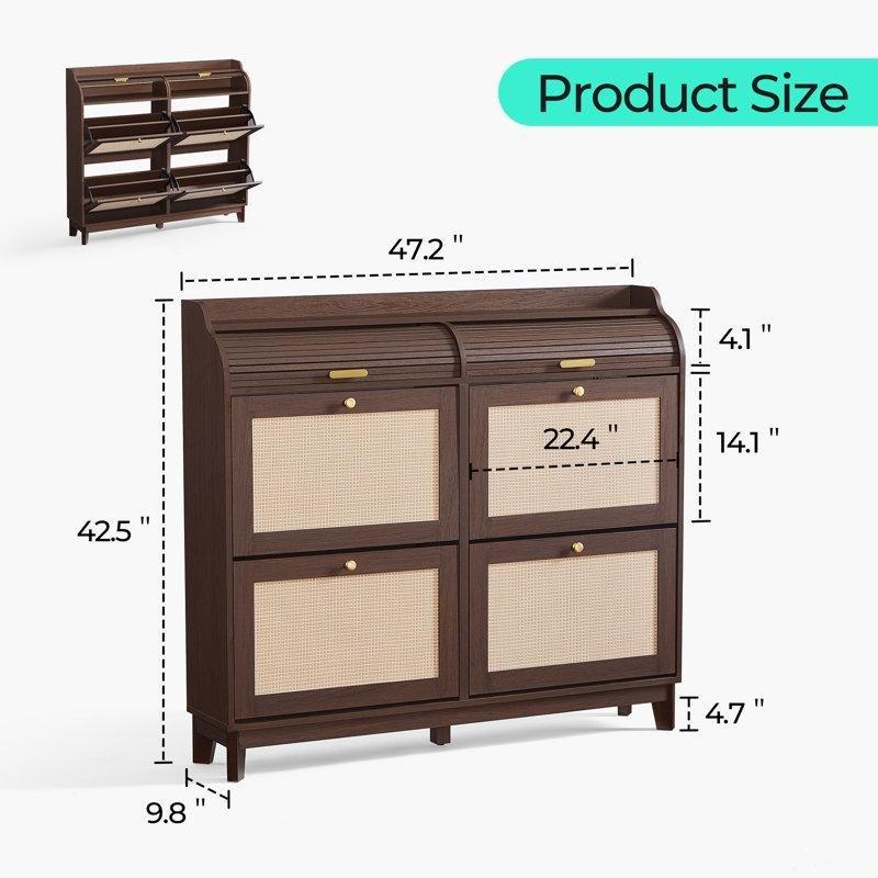 Koyu Kahverengi Rattan Masif Ahşap Ayaklı Ayarlanabilir Raflı 4 Bölmeli Ayakkabılık - 120x25x108 cm - 227030