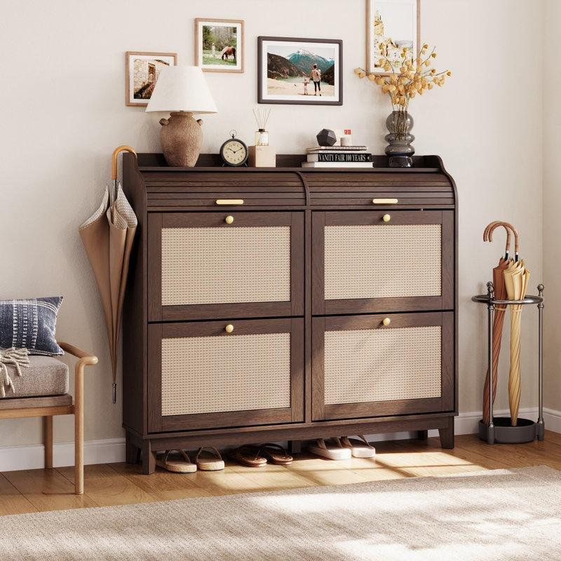 Koyu Kahverengi Rattan Masif Ahşap Ayaklı Ayarlanabilir Raflı 4 Bölmeli Ayakkabılık - 120x25x108 cm - 227030