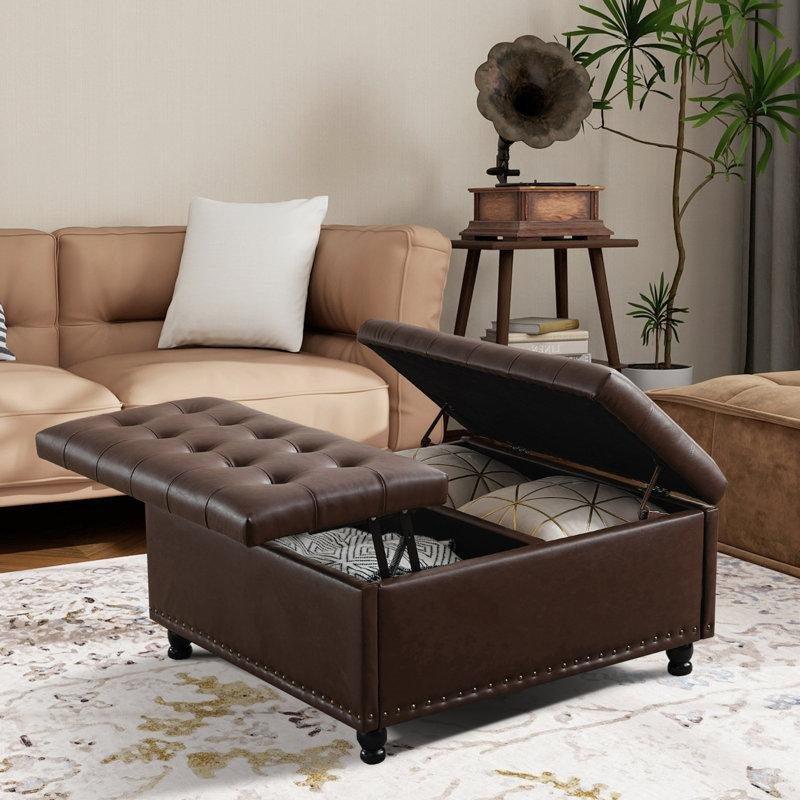 Koyu Kahverengi Suni Deri Ahşap Kapitoneli Sandıklı Masaya Dönüşen Puf - 91x91 cm - 165190