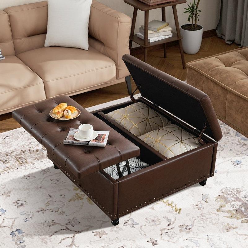 Koyu Kahverengi Suni Deri Ahşap Kapitoneli Sandıklı Masaya Dönüşen Puf - 91x91 cm - 165190