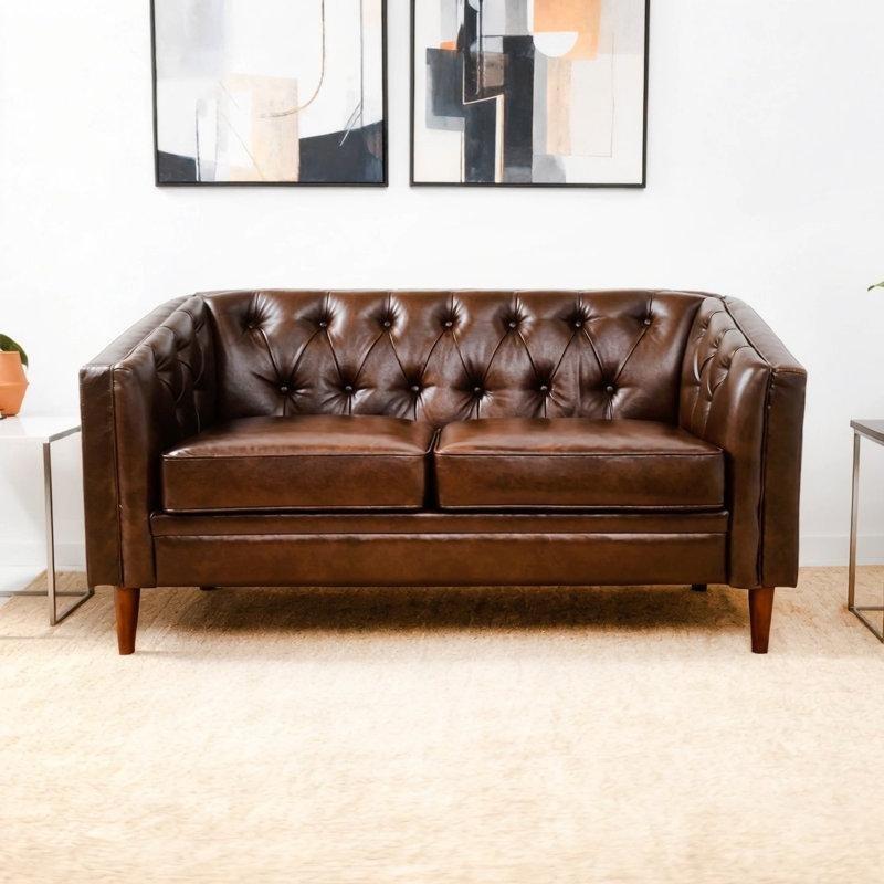 Koyu Kahverengi Suni Deri Kapitoneli İkili Koltuk - 141x81 cm - 207325