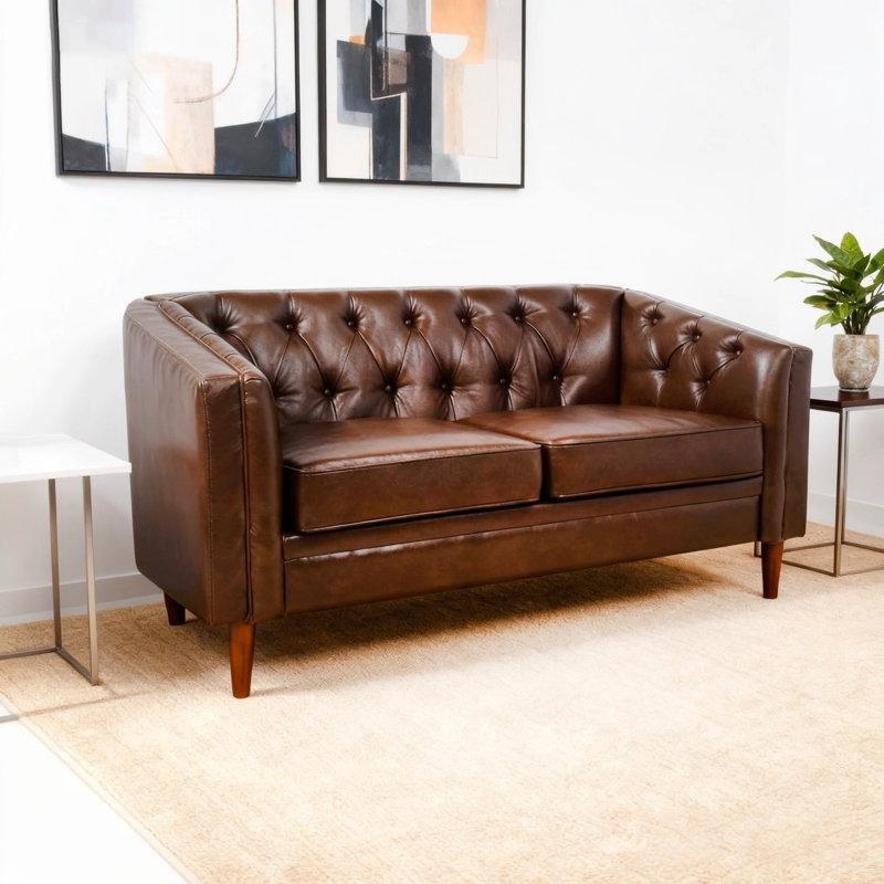 Koyu Kahverengi Suni Deri Kapitoneli İkili Koltuk - 141x81 cm - 207325