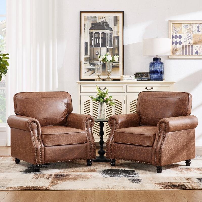 Koyu Kahverengi Suni Deri Masif Ahşap Ayaklı Zımba Detaylı 2li Tekli Koltuk Seti - 81x82 cm - 202505