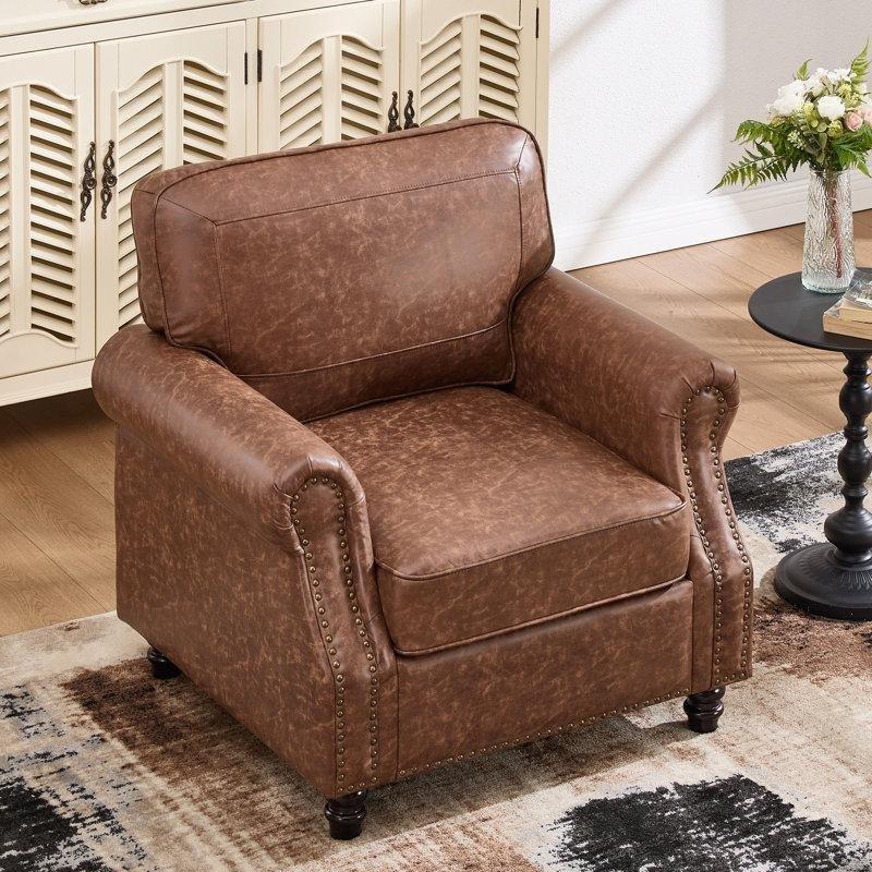 Koyu Kahverengi Suni Deri Masif Ahşap Ayaklı Zımba Detaylı 2li Tekli Koltuk Seti - 81x82 cm - 202505