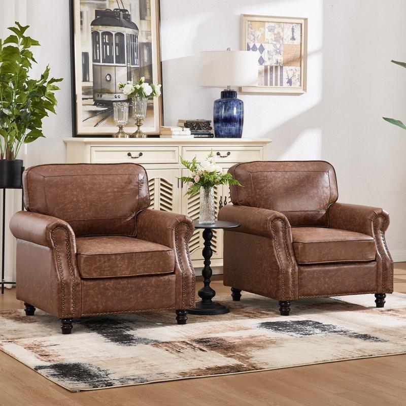 Koyu Kahverengi Suni Deri Masif Ahşap Ayaklı Zımba Detaylı 2li Tekli Koltuk Seti - 81x82 cm - 202505