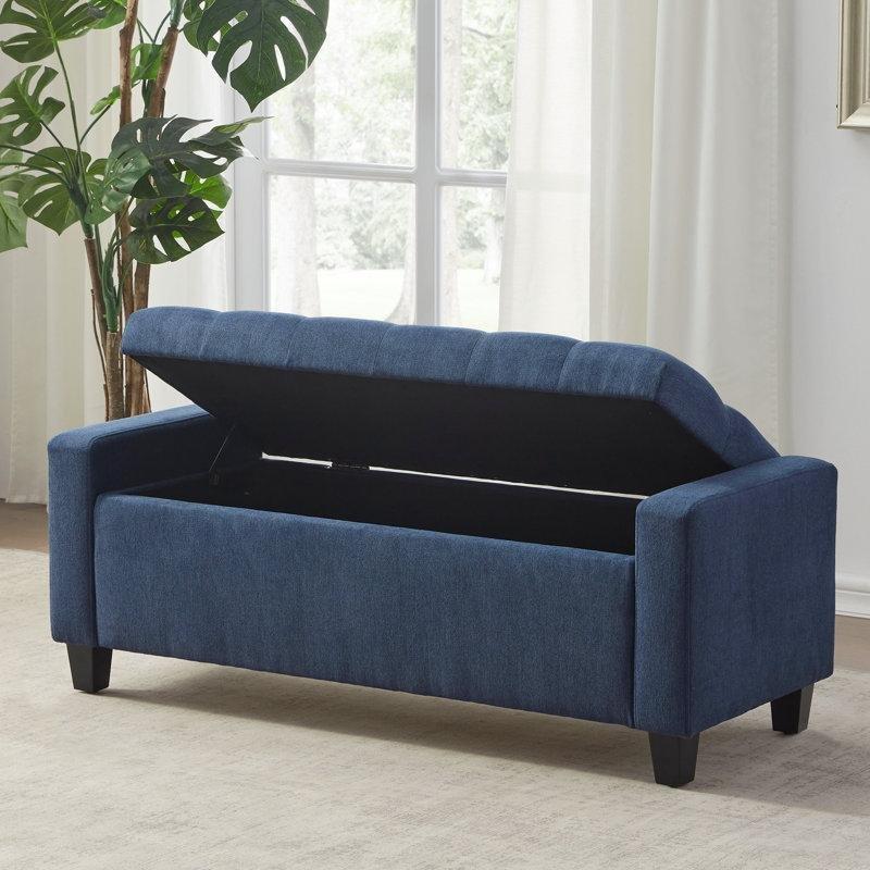 Koyu Mavi Polyester Kumaş Kapitoneli Sandıklı Masif Ahşap Bench - 124 cm - 164728