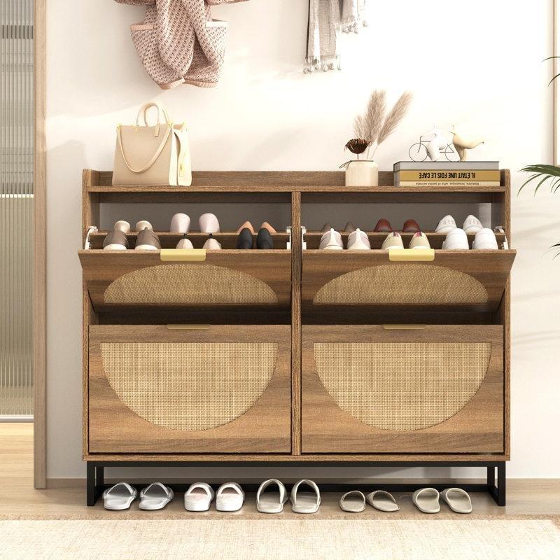 Koyu Rustik Meşe MDF Ahşap Ayaklı 4 Düşer Kapaklı Ayakkabılık - 120x105 cm - 230169