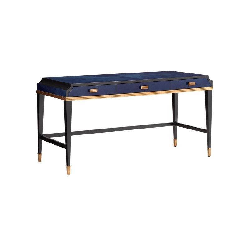 Koyu Safir Masif Ahşap ve Pirinç 3 Çekmeceli Oymalı Kenarlı Vintage Çalışma Masası - 154x63 cm - 234119