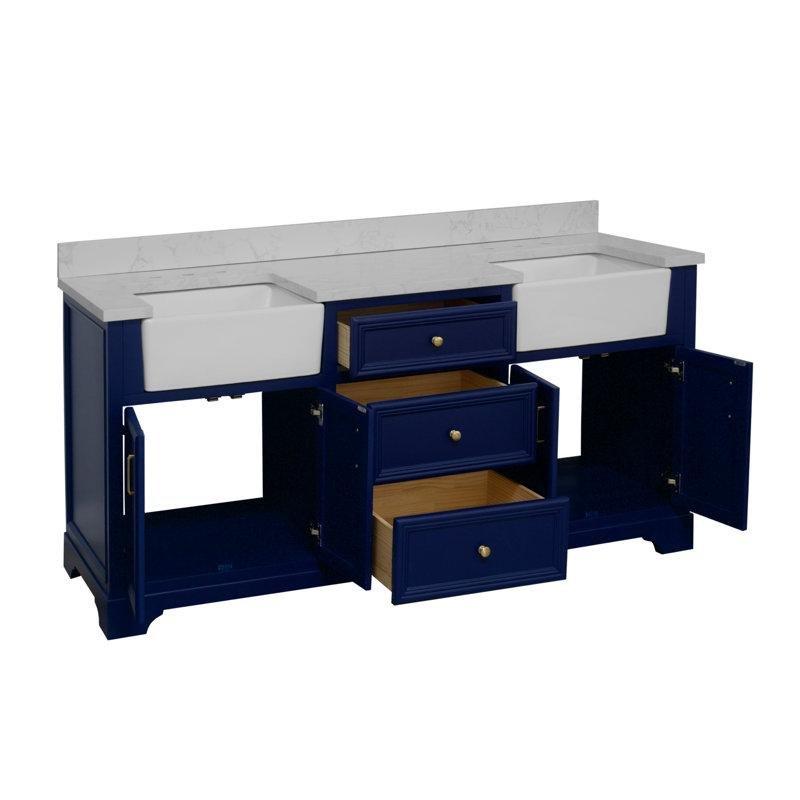 Kraliyet Mavisi Masif Ahşap Çift Lavabolu ve Çekmeceli Banyo Dolabı - 183 cm - 200554