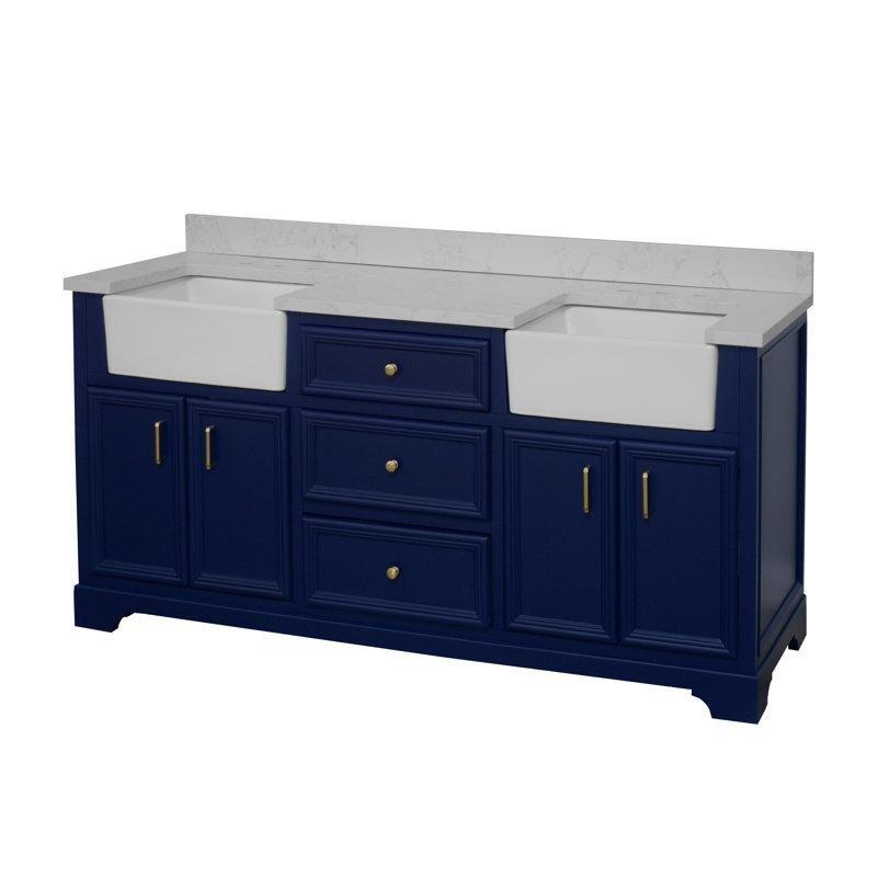 Kraliyet Mavisi Masif Ahşap Çift Lavabolu ve Çekmeceli Banyo Dolabı - 183 cm - 200554