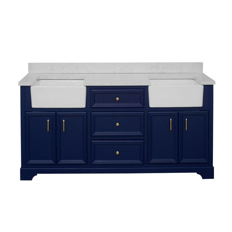 Kraliyet Mavisi Masif Ahşap Çift Lavabolu ve Çekmeceli Banyo Dolabı - 183 cm - 200554