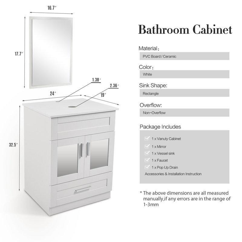 Krem Ahşap Aynalı Çekmeceli Cam Çanak Lavabolu Banyo Dolabı - 61 cm - 201196