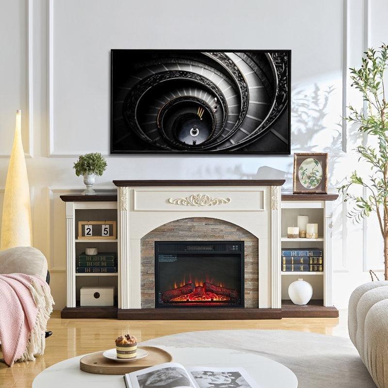 Krem Ahşap Kır Evi Tasarım Elektrikli Şömineli TV Ünitesi - 183 cm - 222080