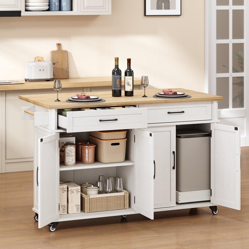 Krem Ahşap Tekerlekli Açılır Kapanır Tezgahlı Çekmeceli ve Dolaplı Mutfak Adası - 140 cm - 177462