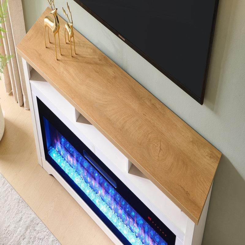 Krem Beyaz Ahşap Şömineli Sürgülü Kapaklı TV Ünitesi - 153 cm - 220216