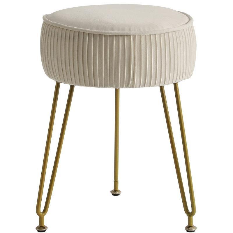 Krem Beyaz Kadife Kumaş Gold Metal Ayarlanabilir Üç Ayaklı Makyaj Masası Pufu - 46x30 cm - 233058