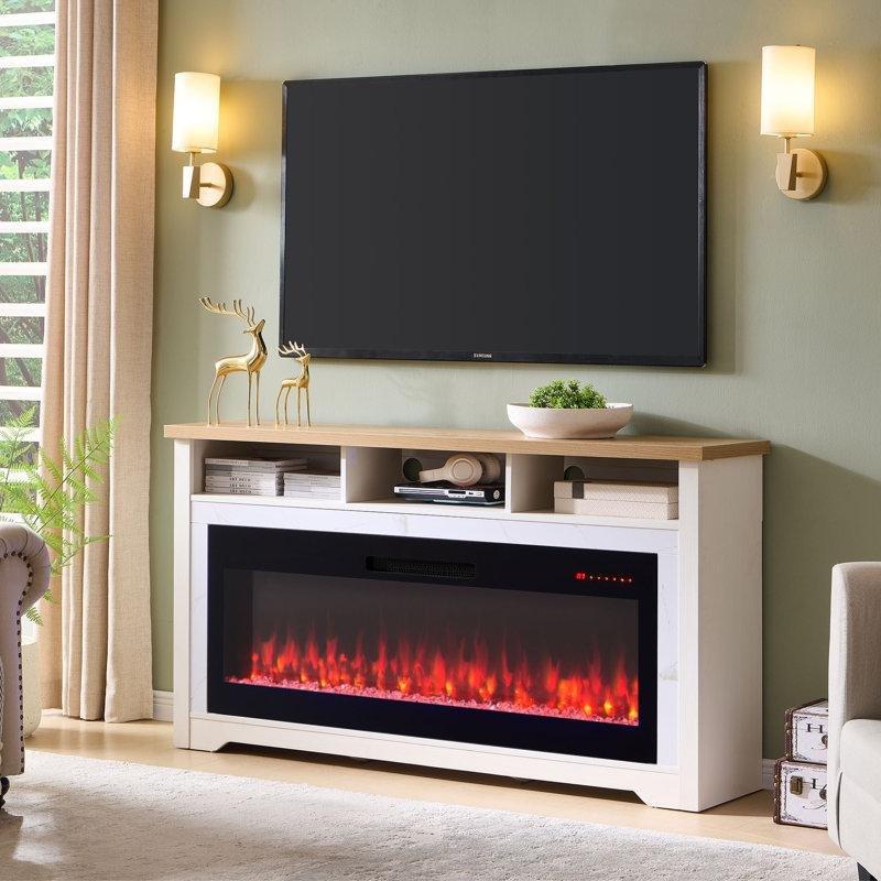 Krem Beyaz MDF ve Paslanmaz Çelik Akıllı Elektrikli Şömineli TV Ünitesi - 153 cm - 221333