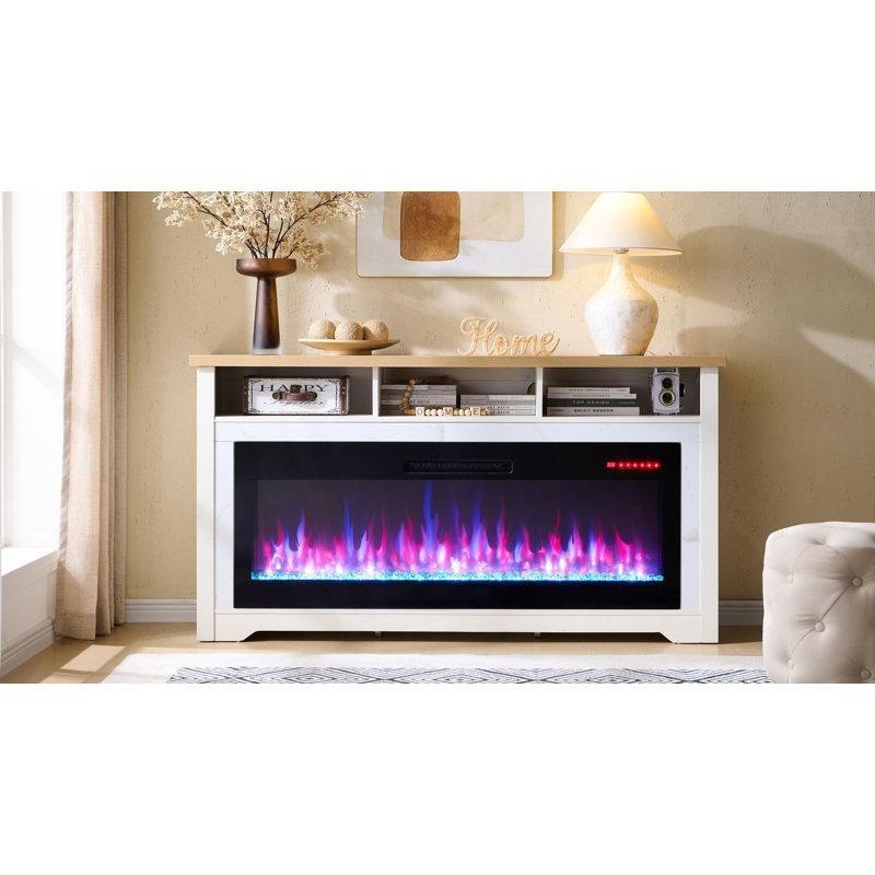 Krem Beyaz MDF ve Paslanmaz Çelik Akıllı Elektrikli Şömineli TV Ünitesi - 153 cm - 221333