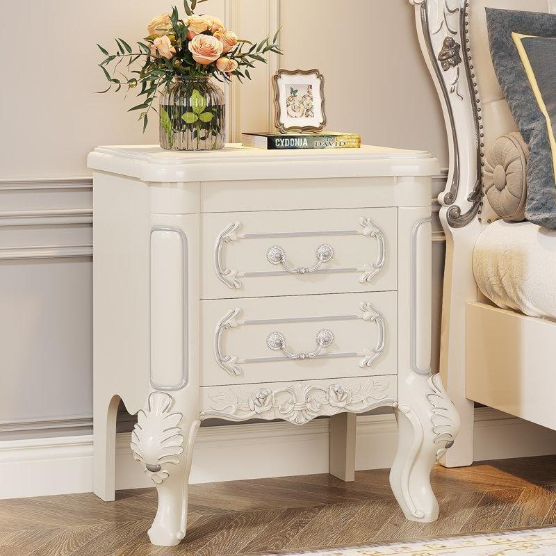 Krem Beyaz Oymalı İki Çekmeceli MDF Komodin - 51x37x65 cm - 224366