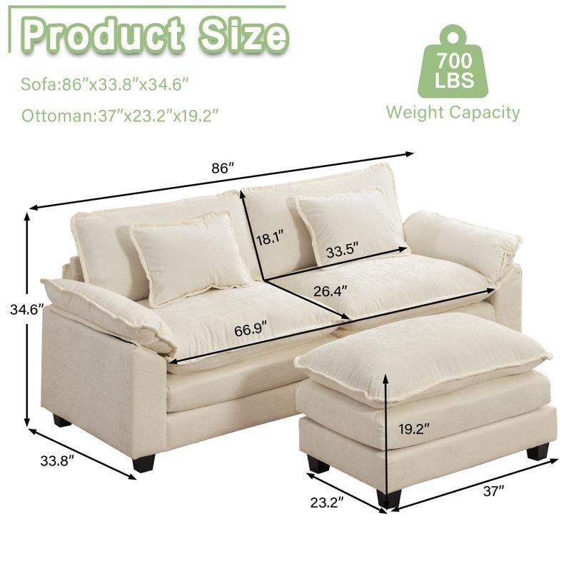 Krem Beyaz Şönil Kumaş Puflu İkili Koltuk - 219x145 cm - 206435