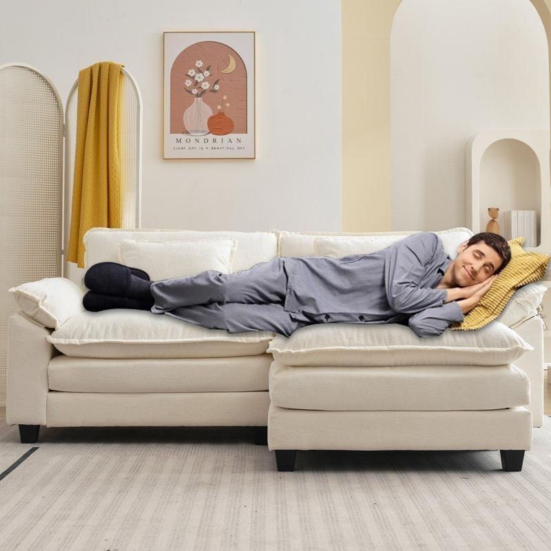 Krem Beyaz Şönil Kumaş Puflu İkili Koltuk - 219x145 cm - 206435