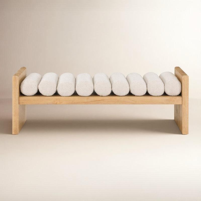 Krem Bukle Kumaş Döşemeli Natürel Masif Kauçuk Ağacı Kolçaklı Bench - 133 cm - 164458