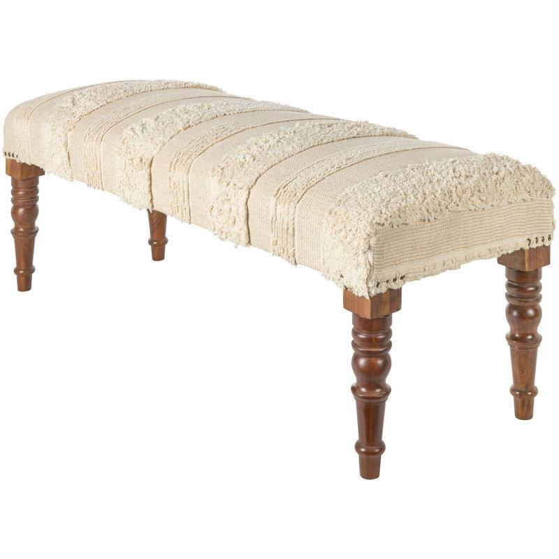 Krem Dokuma Kumaşlı Tornalı Mango Ağacı Ayaklı Zımba Detaylı Bench - 122 cm - 164518