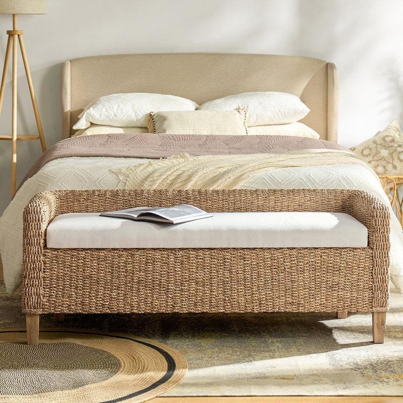 Krem Döşemeli Doğal Hasır Örgü Sandıklı ve Sırtlı Bench - 146 cm - 164542