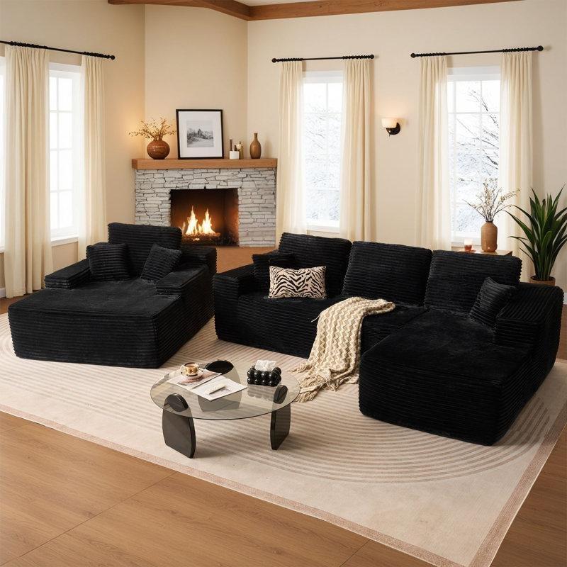 Krem Fitilli Kadife Kurulum Gerektirmeyen Modüler Koltuk Takımı - 265x176 cm - 192430