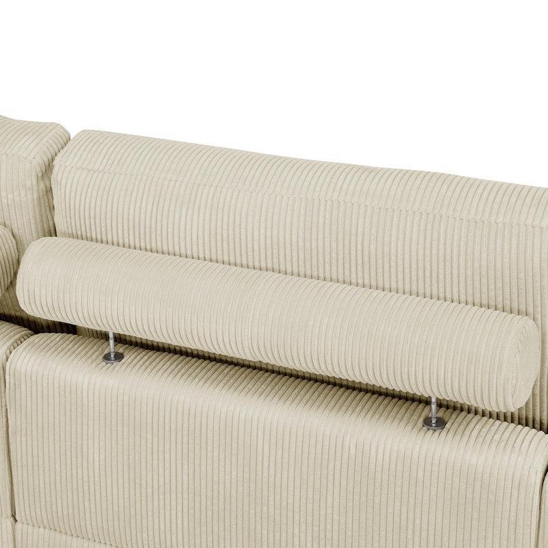 Krem Fitilli Kadife Masif Ahşap Ayaklı Ayarlanabilir Başlıklı Modüler U Köşe Koltuk Takımı - 407x315 cm - 194003