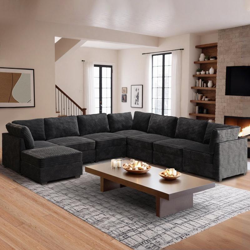 Krem Fitilli Kadife Modüler Puf Şezlonglu U Köşe Koltuk Takımı - 333x333 cm - 194221